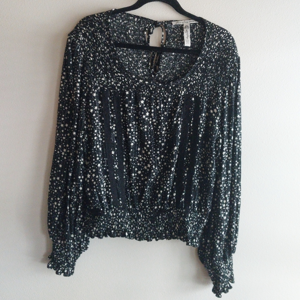 American Rag Black & White Star Print Lace Trim Smocked Blouse
